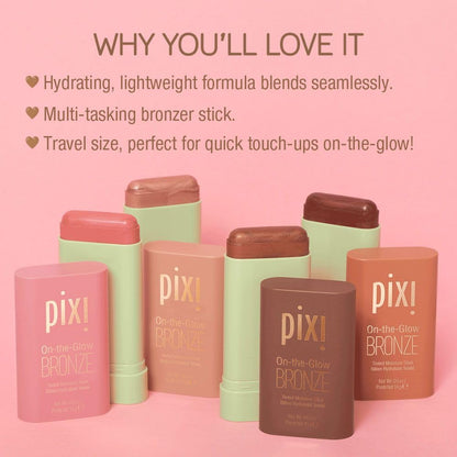 Pixi SoftGlow multi-use bronzer stick with cap off showcasing the rosy bronze hue.