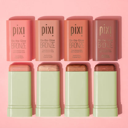 Swatches of Pixi On-The-Glow Bronze SoftGlow showing the sheer buildable finish.