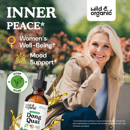 Wild And Organic Dong Quai supplement bottle angled view highlighting alcohol free label