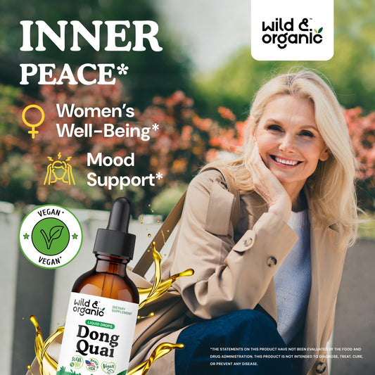 Wild And Organic Dong Quai supplement bottle angled view highlighting alcohol free label