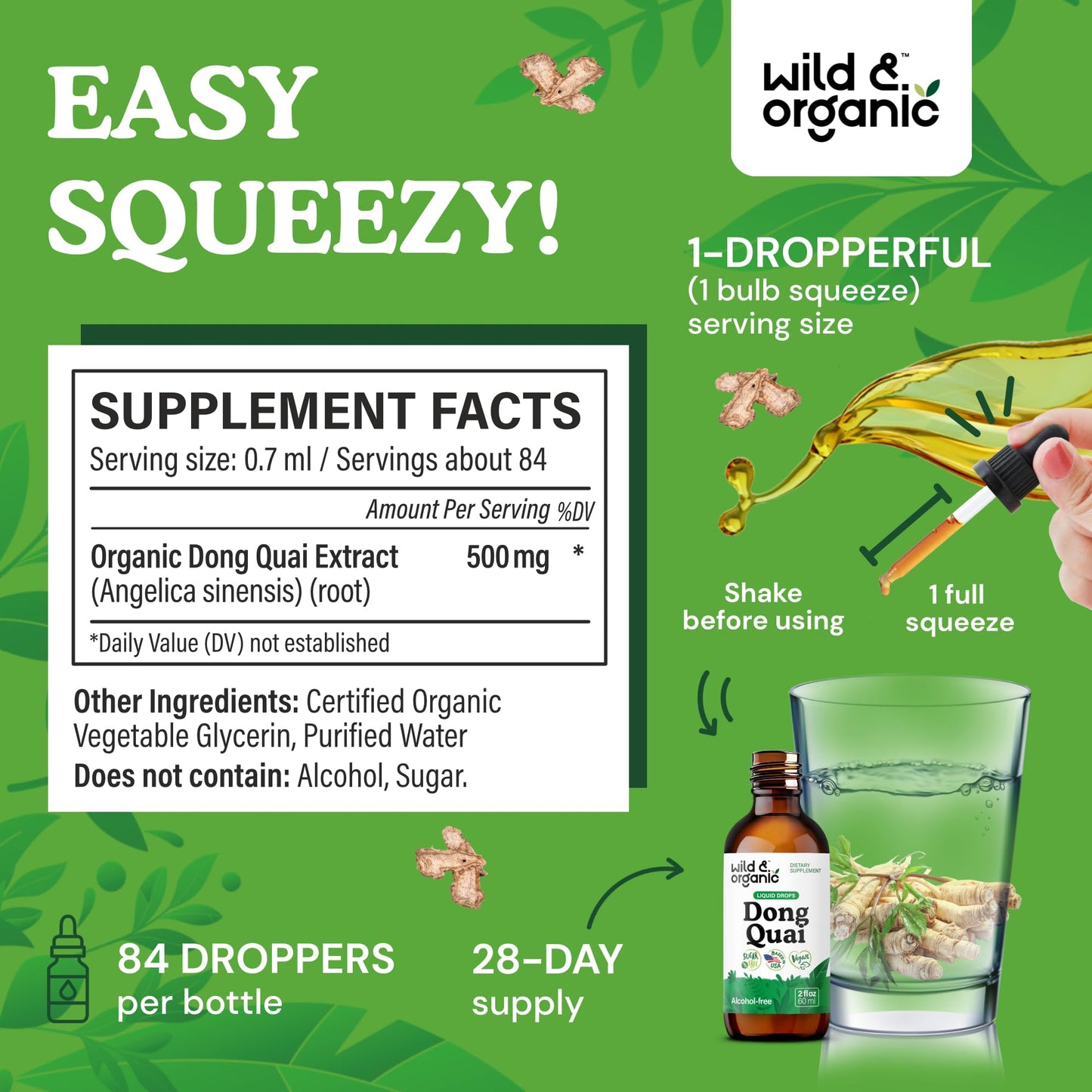 Back label of Wild And Organic Angelica Sinensis root drops showing clean vegan ingredients