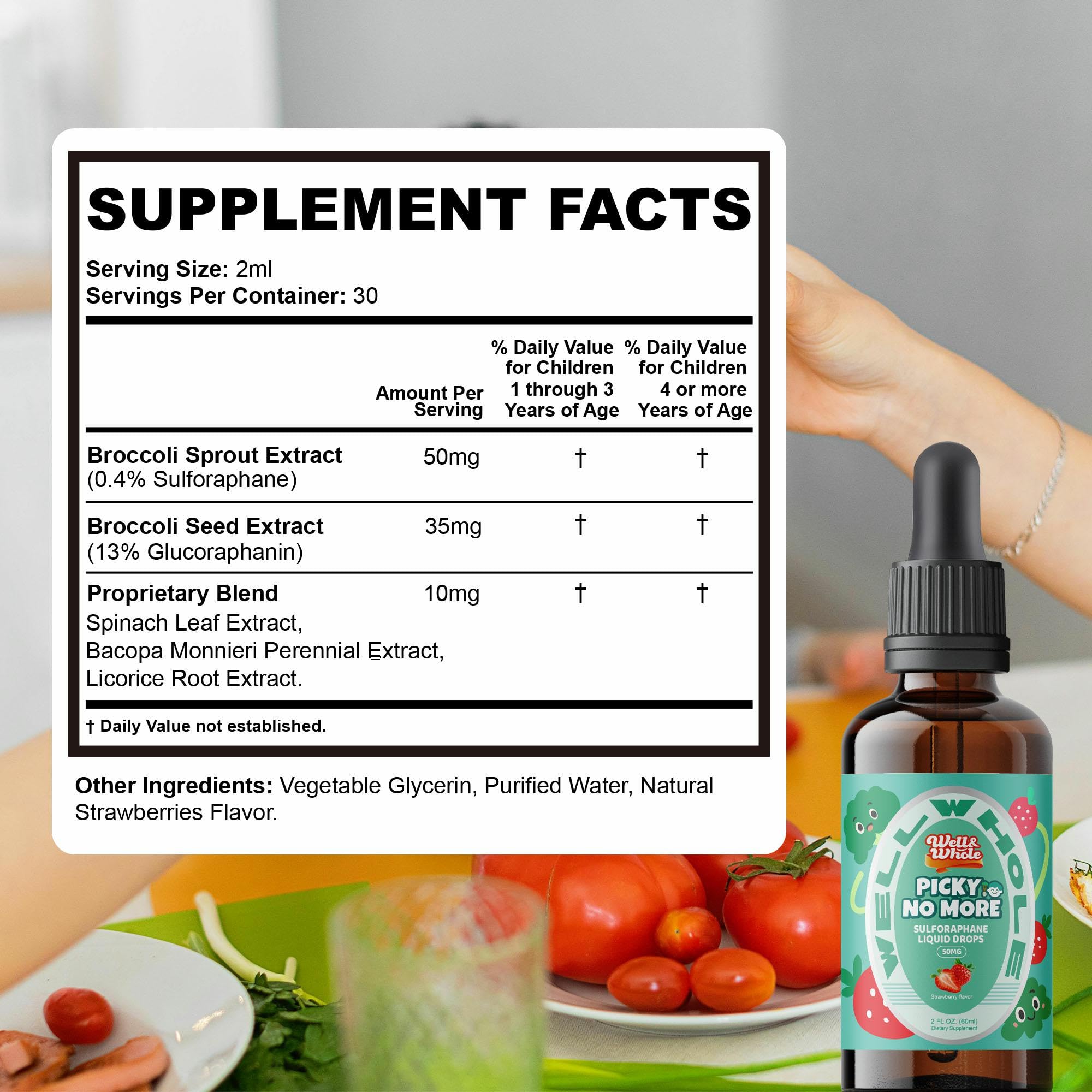 Close up of the nutritional facts label on the Well and Whole Picky No More children liquid drops.