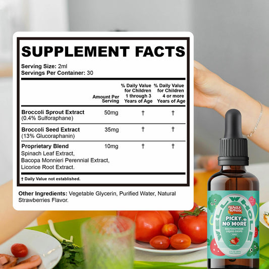 Close up of the nutritional facts label on the Well and Whole Picky No More children liquid drops.