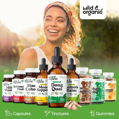 Two Fluid Ounces packaging display of Wild And Organic menopause support tincture