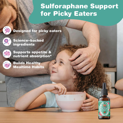Well and Whole Kids Sulforaphane liquid greens formula with broccoli sprout and bacopa monnieri extracts.