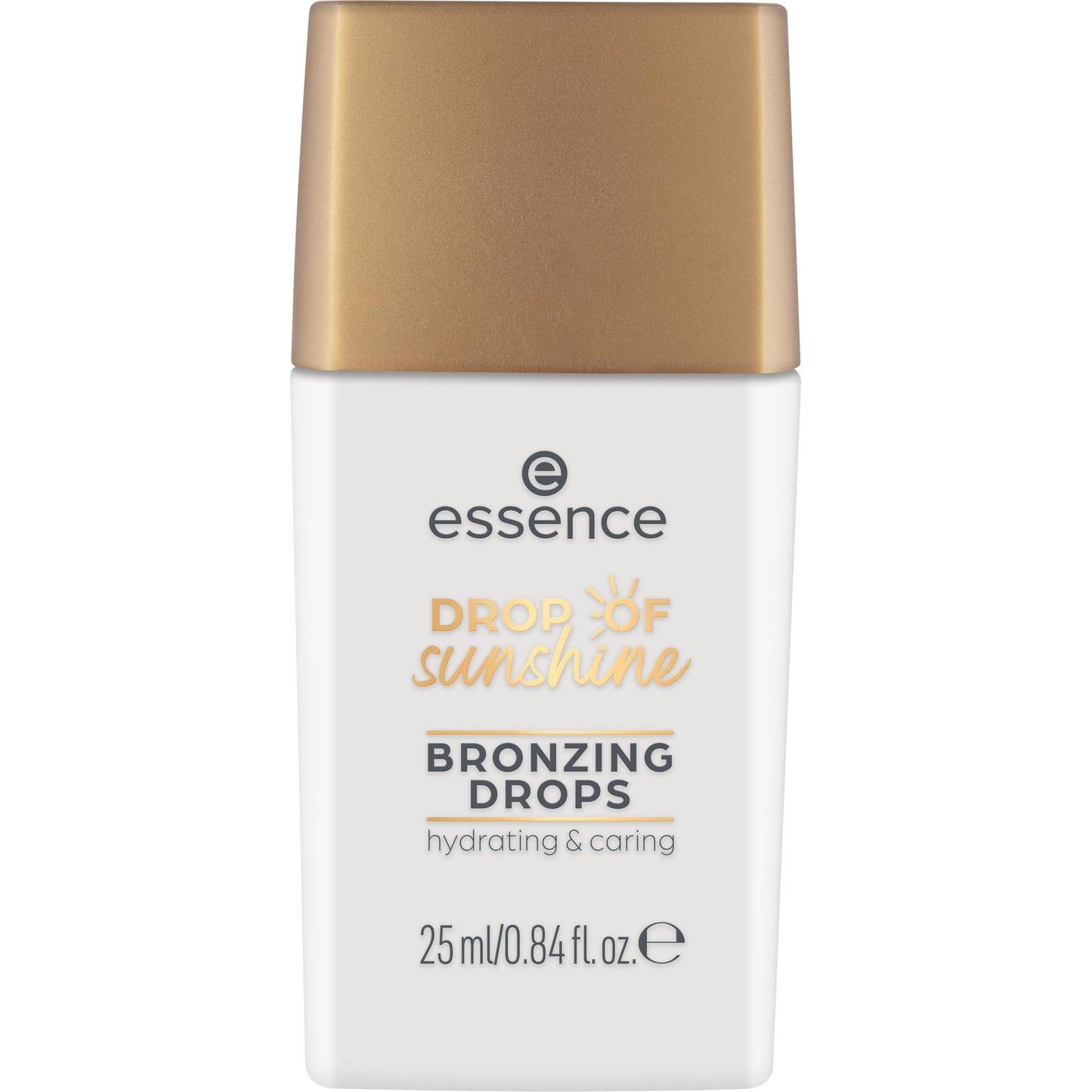 Essence liquid bronzer bottle displayed alongside a drop of the shimmering bronze fluid highlighting its texture.