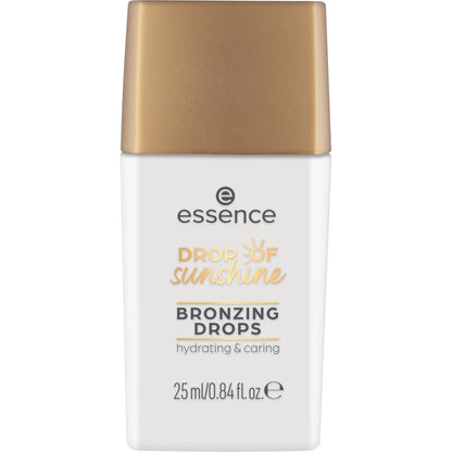Essence liquid bronzer bottle displayed alongside a drop of the shimmering bronze fluid highlighting its texture.