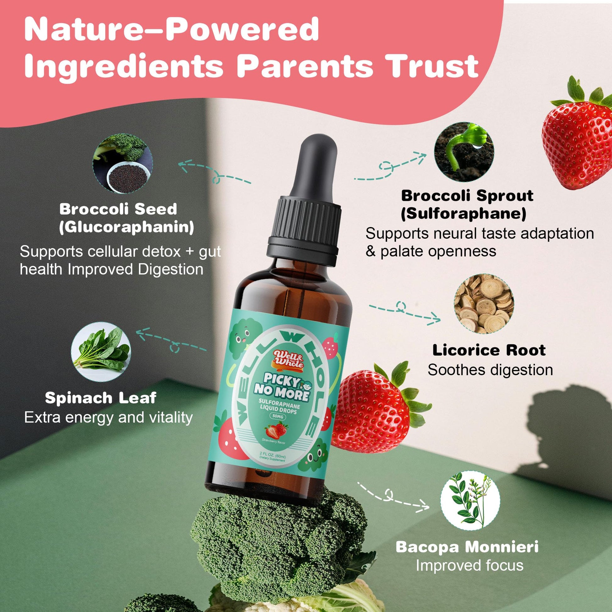 Vegan non GMO children liquid greens supplement bottle by Well and Whole with built in dropper.