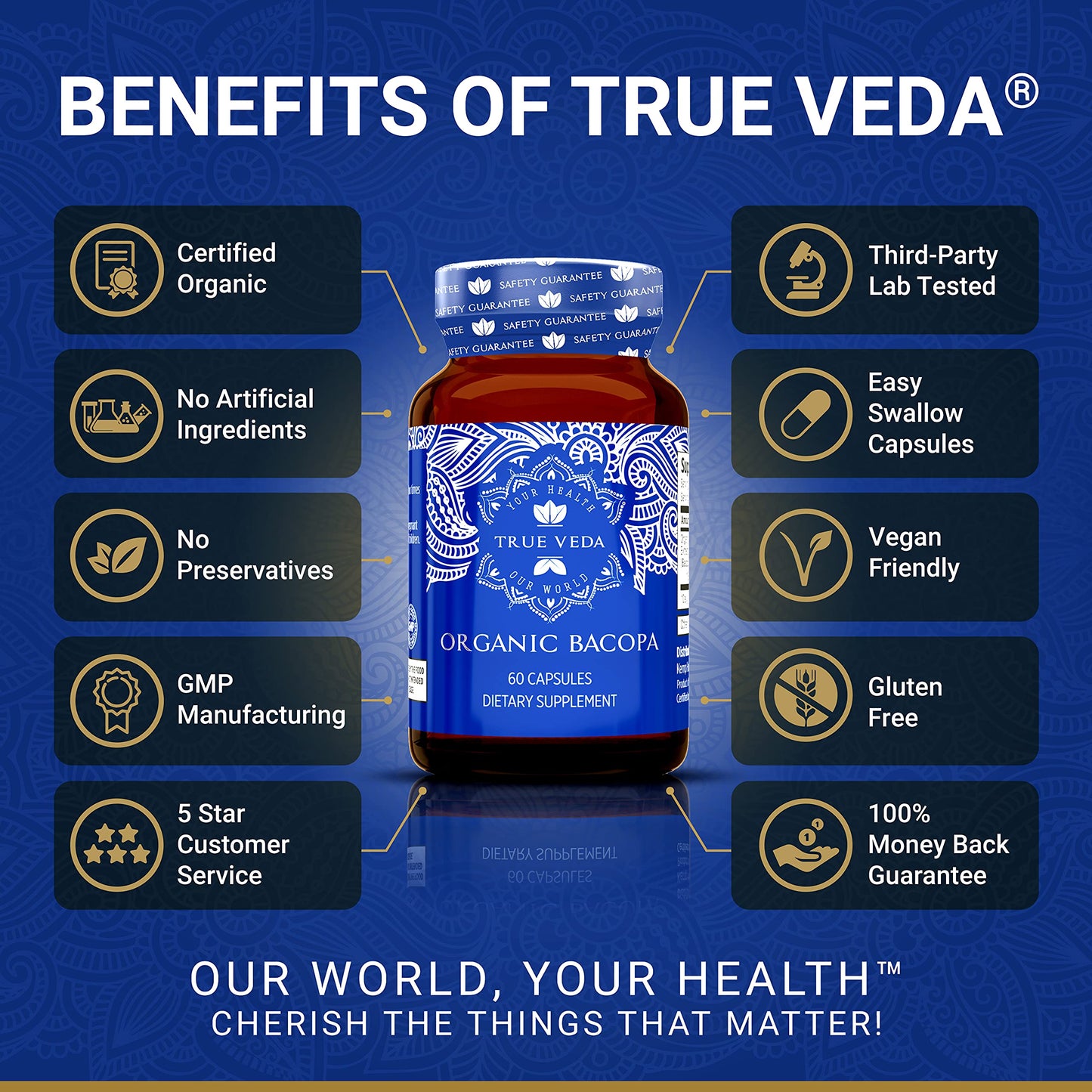 True Veda Brahmi supplement bottle showing USDA organic certification