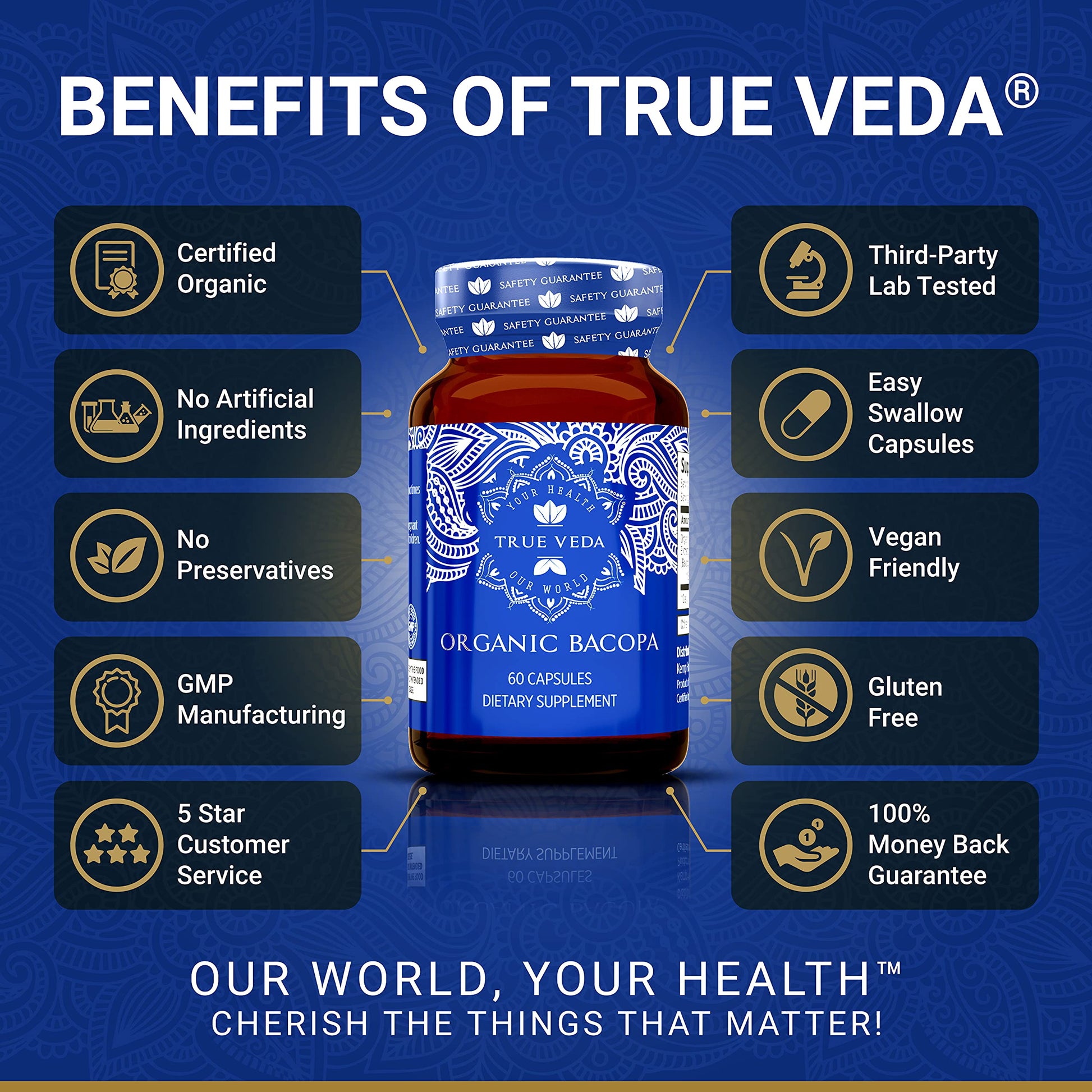 True Veda Brahmi supplement bottle showing USDA organic certification