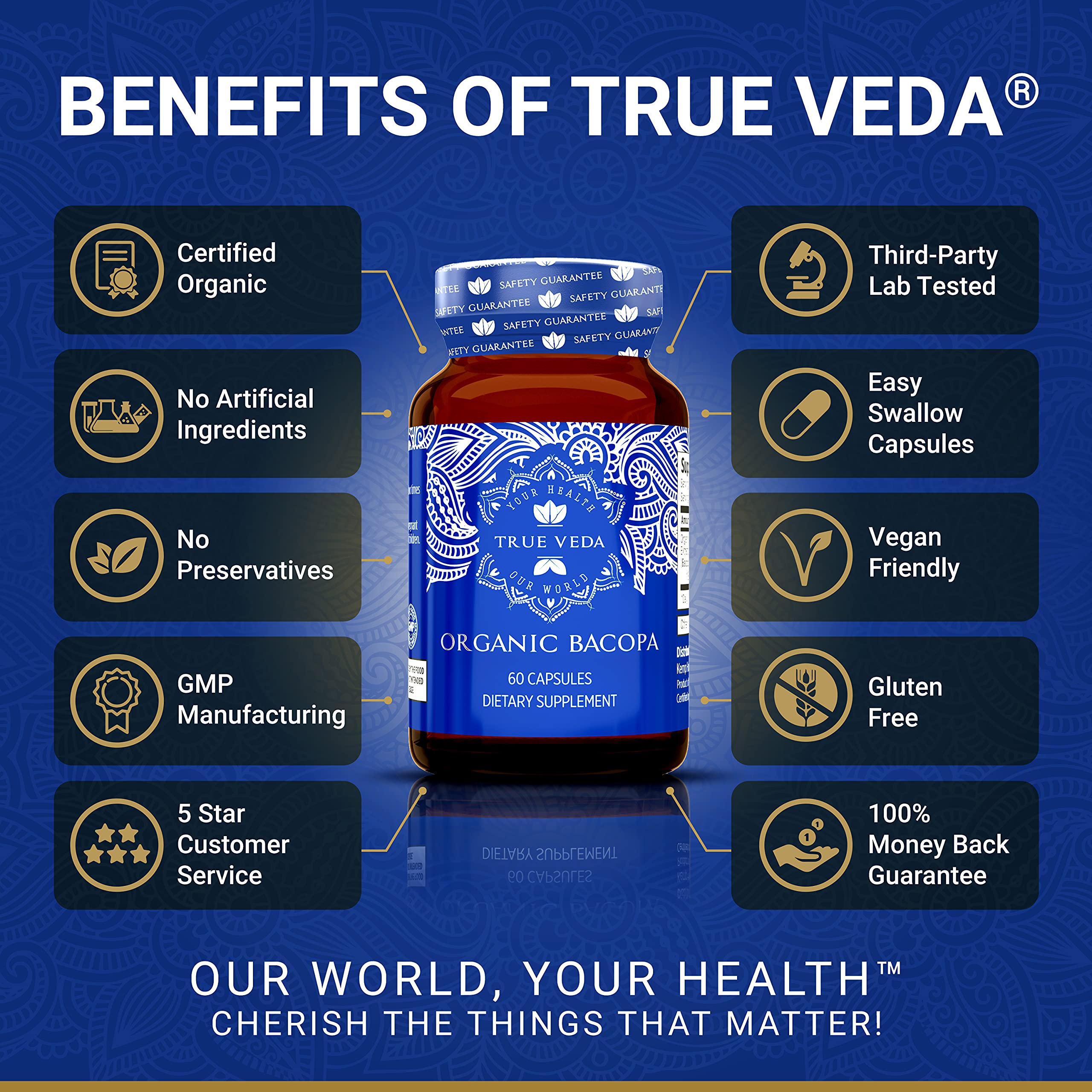 True Veda Brahmi supplement bottle showing USDA organic certification