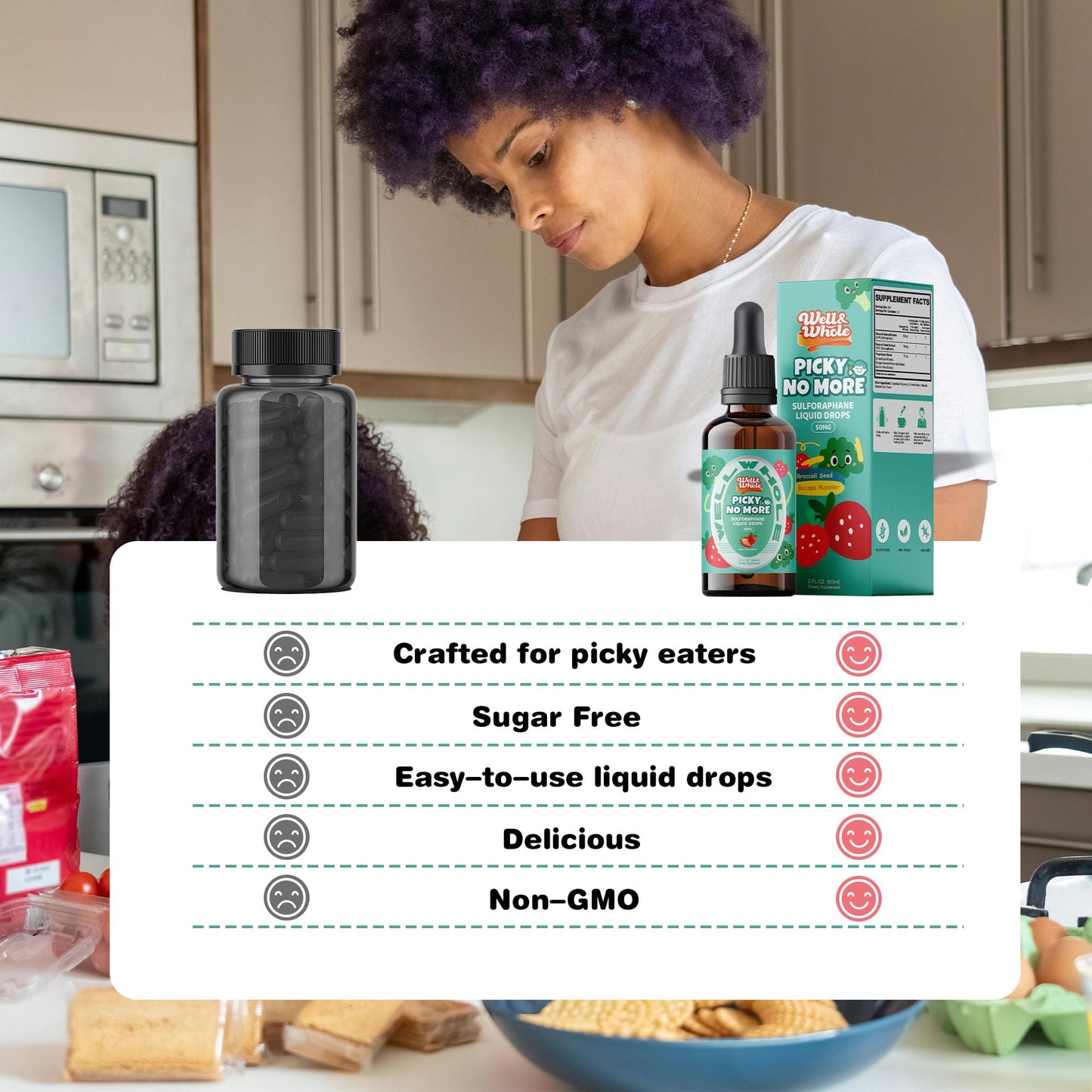 Well and Whole Picky No More strawberry flavored liquid drops displayed next to fresh broccoli sprouts.