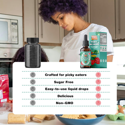 Well and Whole Picky No More strawberry flavored liquid drops displayed next to fresh broccoli sprouts.