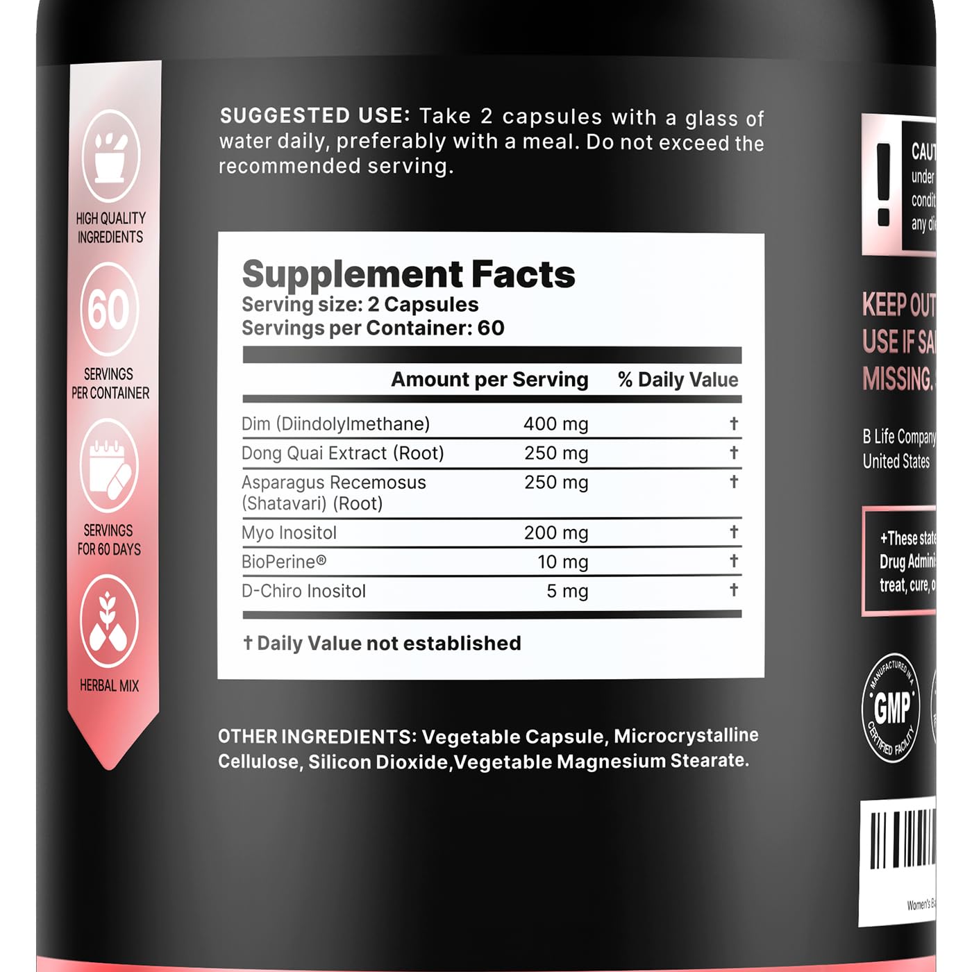B Life DIM with Myo Inositol and Dong Quai vegetable capsules supplement facts