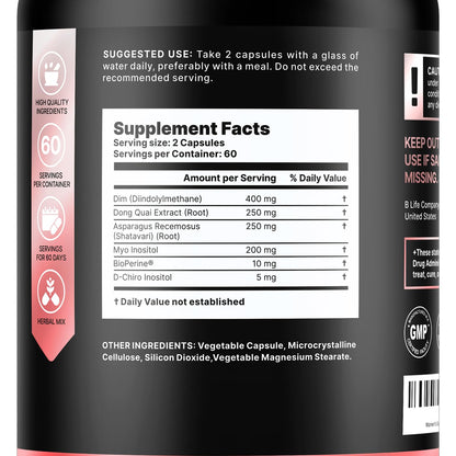 B Life DIM with Myo Inositol and Dong Quai vegetable capsules supplement facts