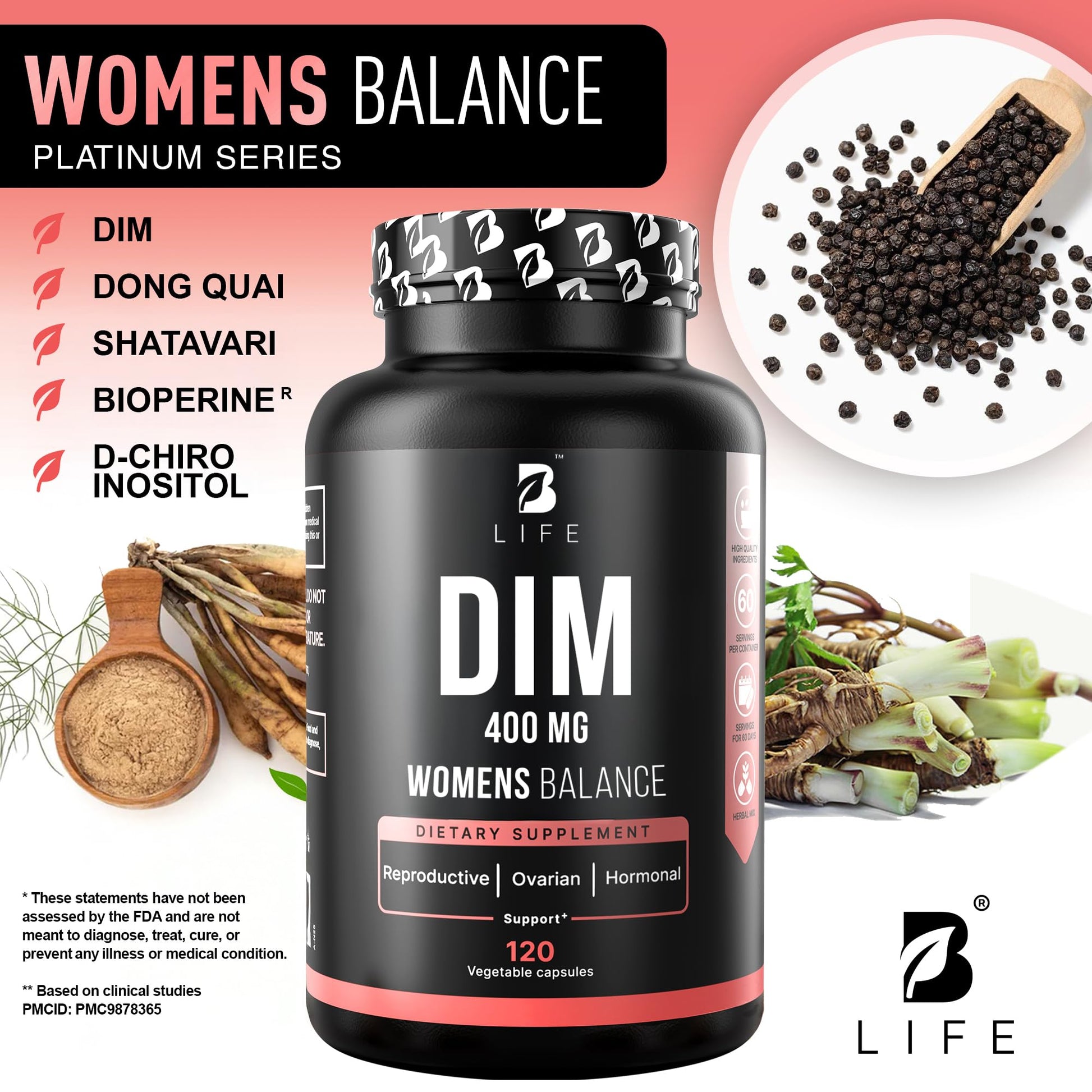 B Life Company fertility supplement bottle showing one hundred twenty capsules count