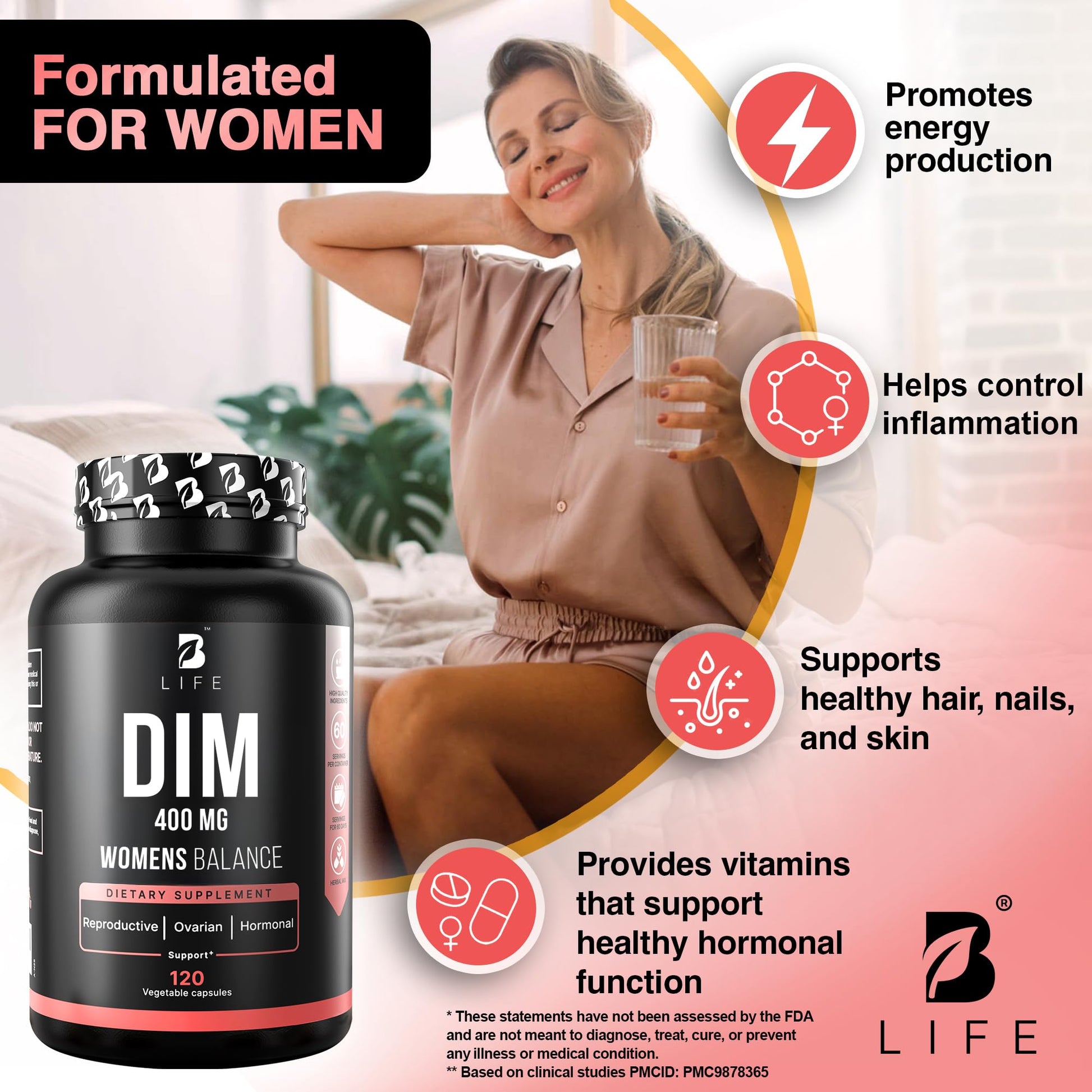 B Life estrogen metabolism and ovarian health support capsule details close up