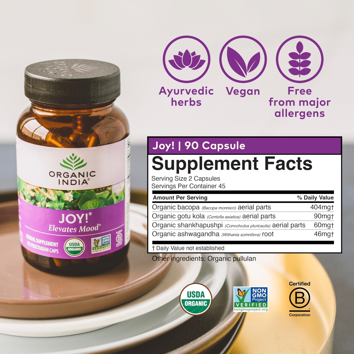 Organic India Joy premium adaptogenic blend packaging lifestyle view