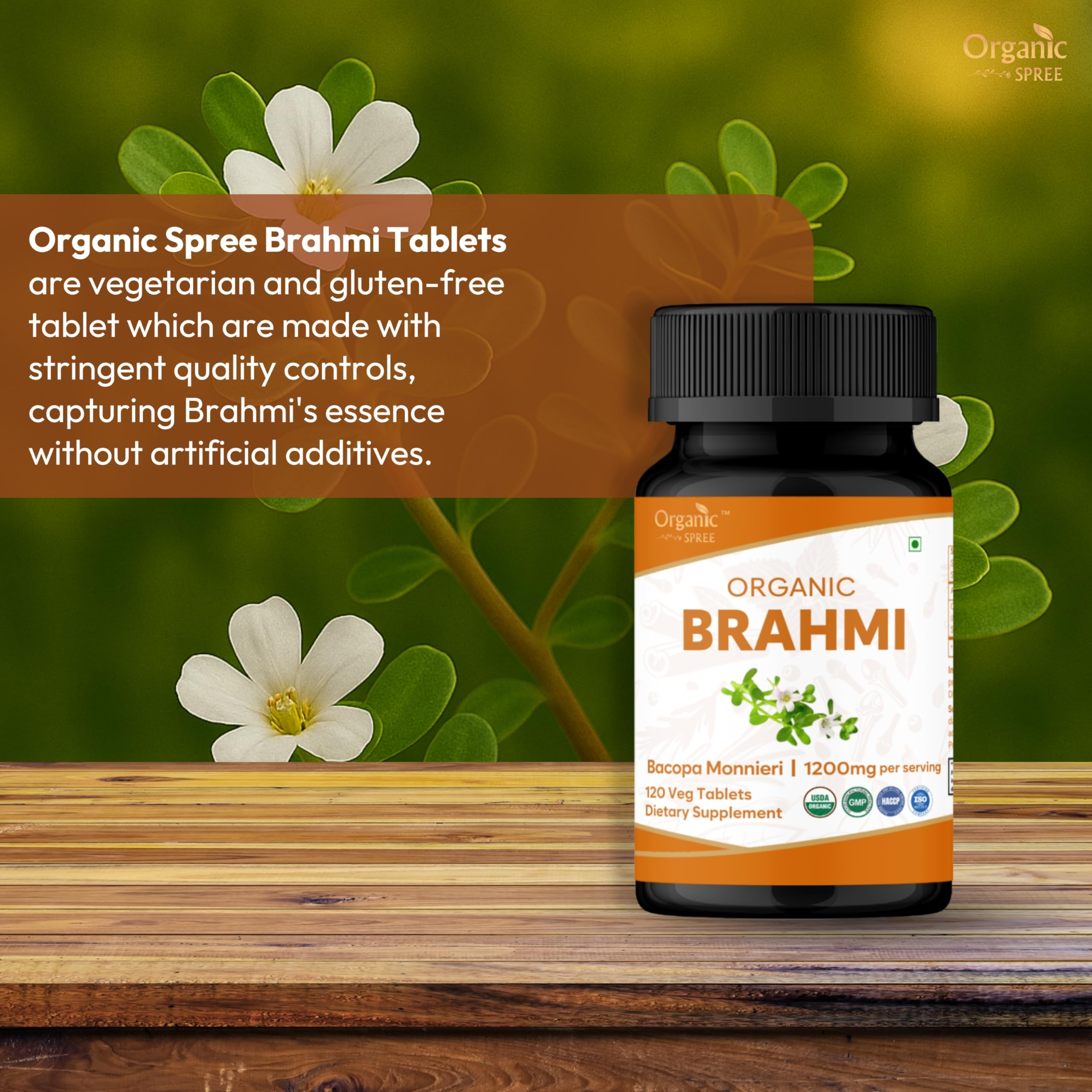Organic Spree Bacopa Monnieri dietary supplement side panel showing organic certifications