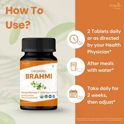 Organic Spree 1200mg Brahmi vegetable tablets supplement facts and dosage guidelines