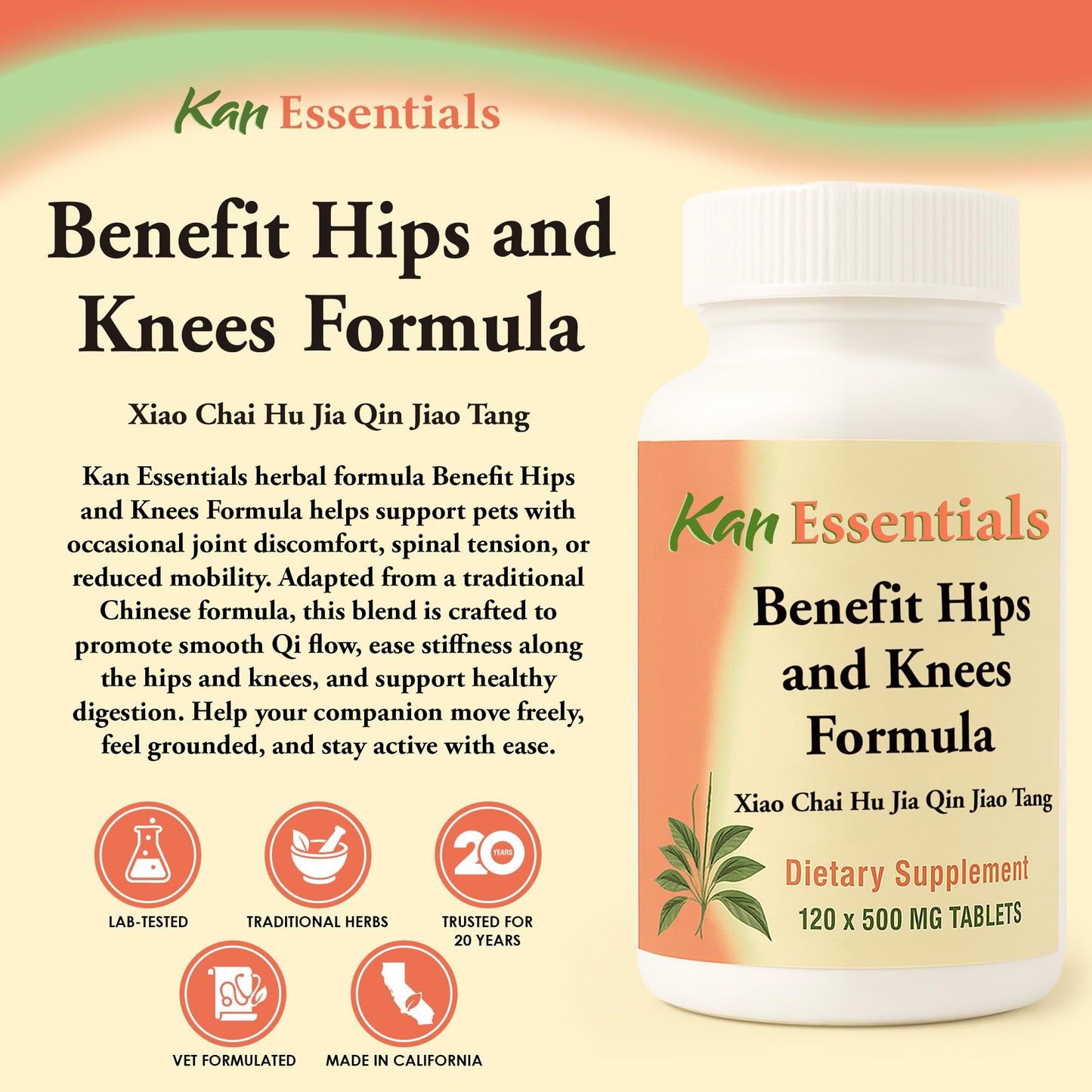 Kan Herbs Benefit Hips and Knees 120 tablets showing traditional Chinese herbal ingredients list