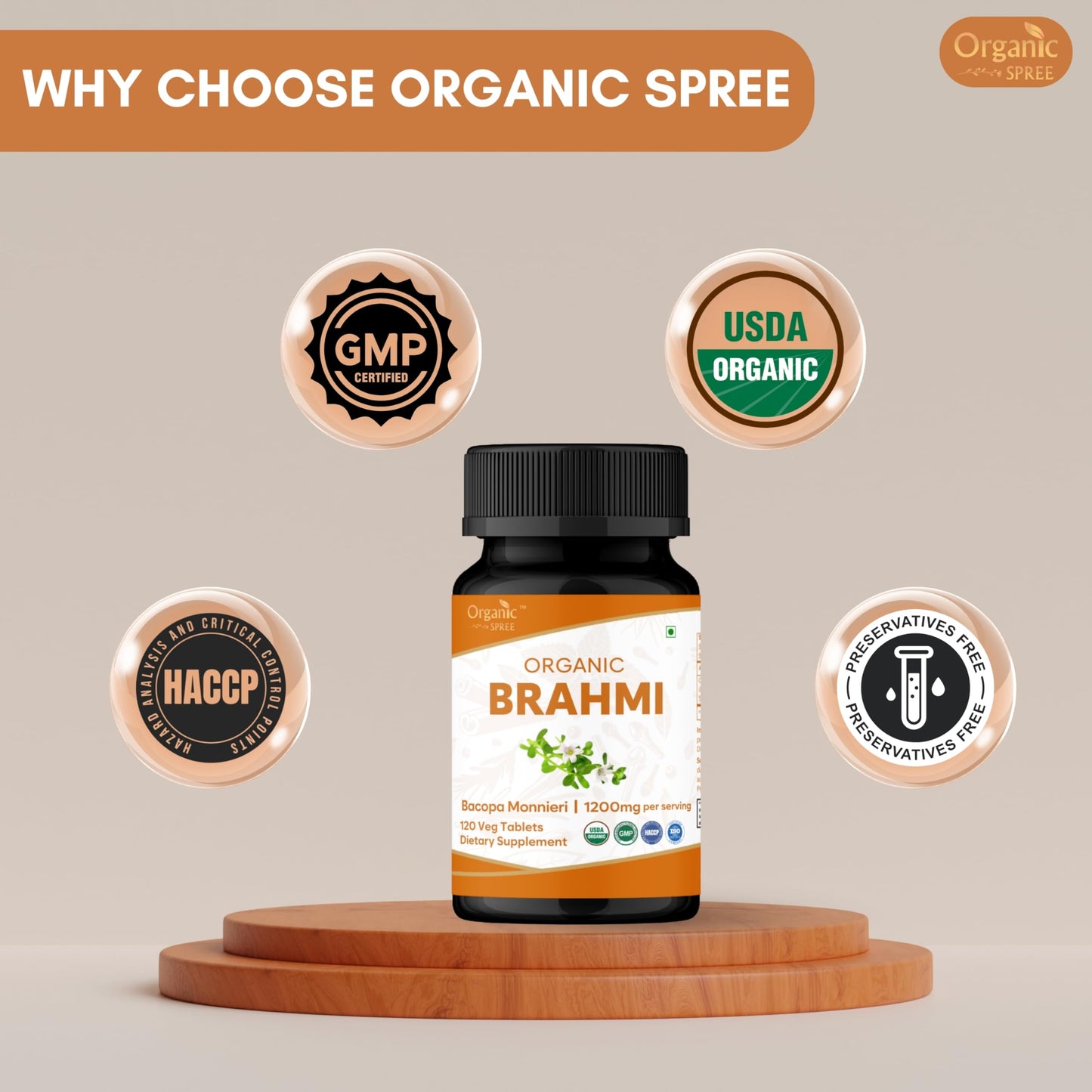 Organic Spree Bacopa Monnieri premium focus support bottle top and safety cap detail