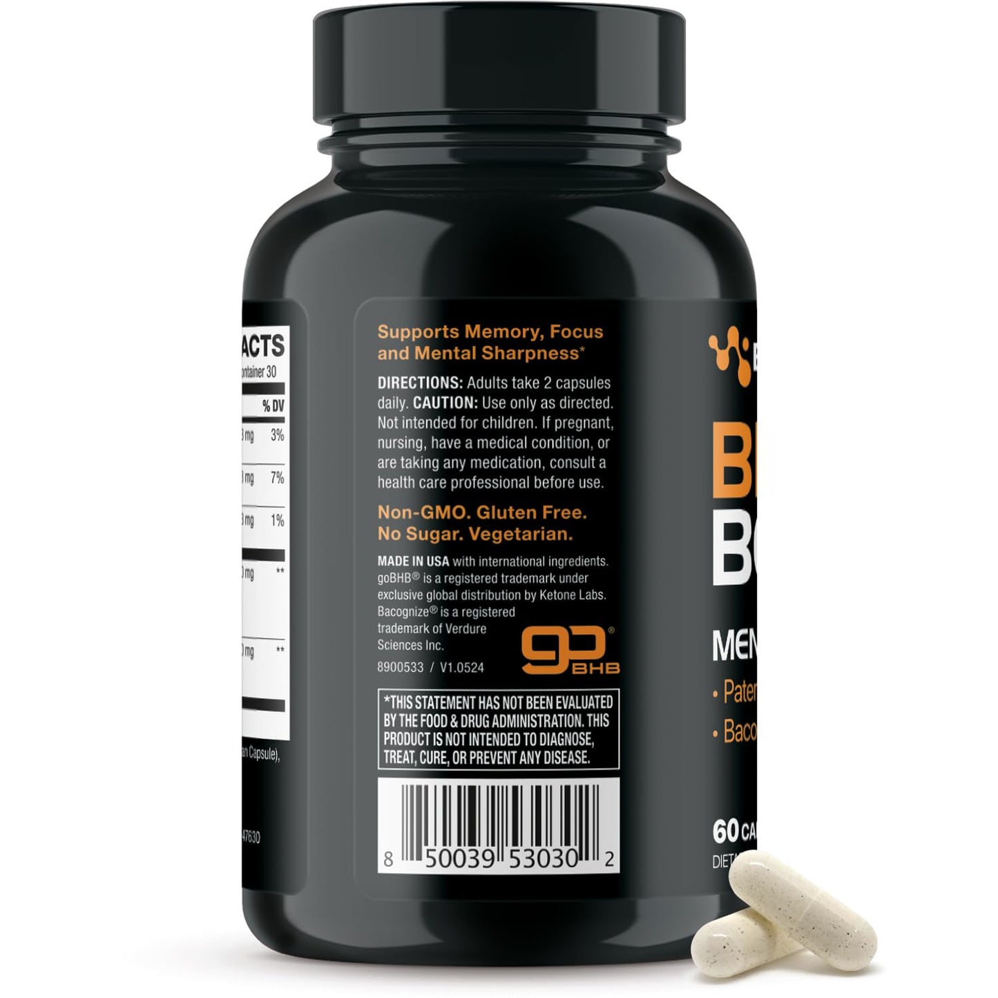 Authentic Real Ketones Brain Booster supplement bottle displaying product authenticity details.