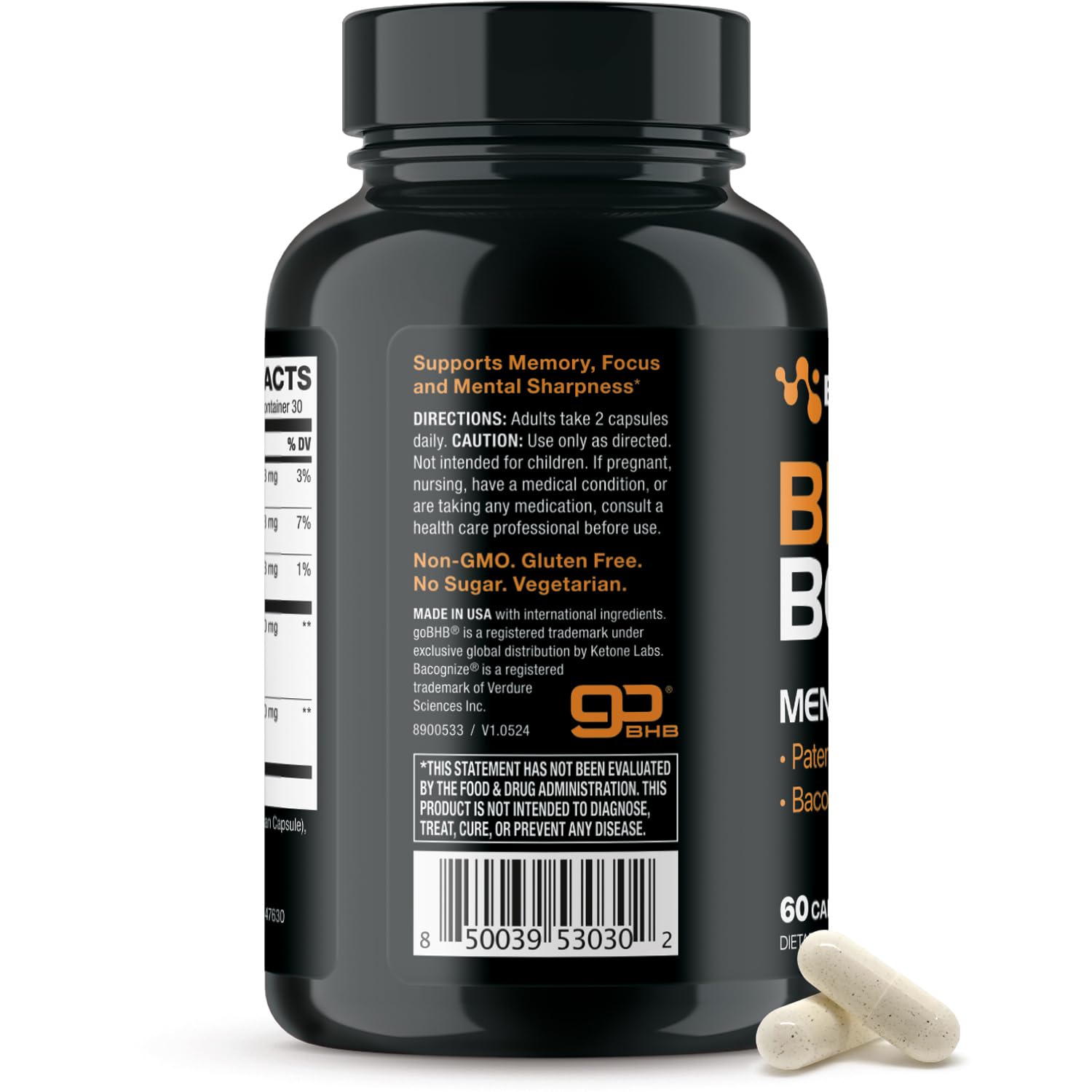 Authentic Real Ketones Brain Booster supplement bottle displaying product authenticity details.