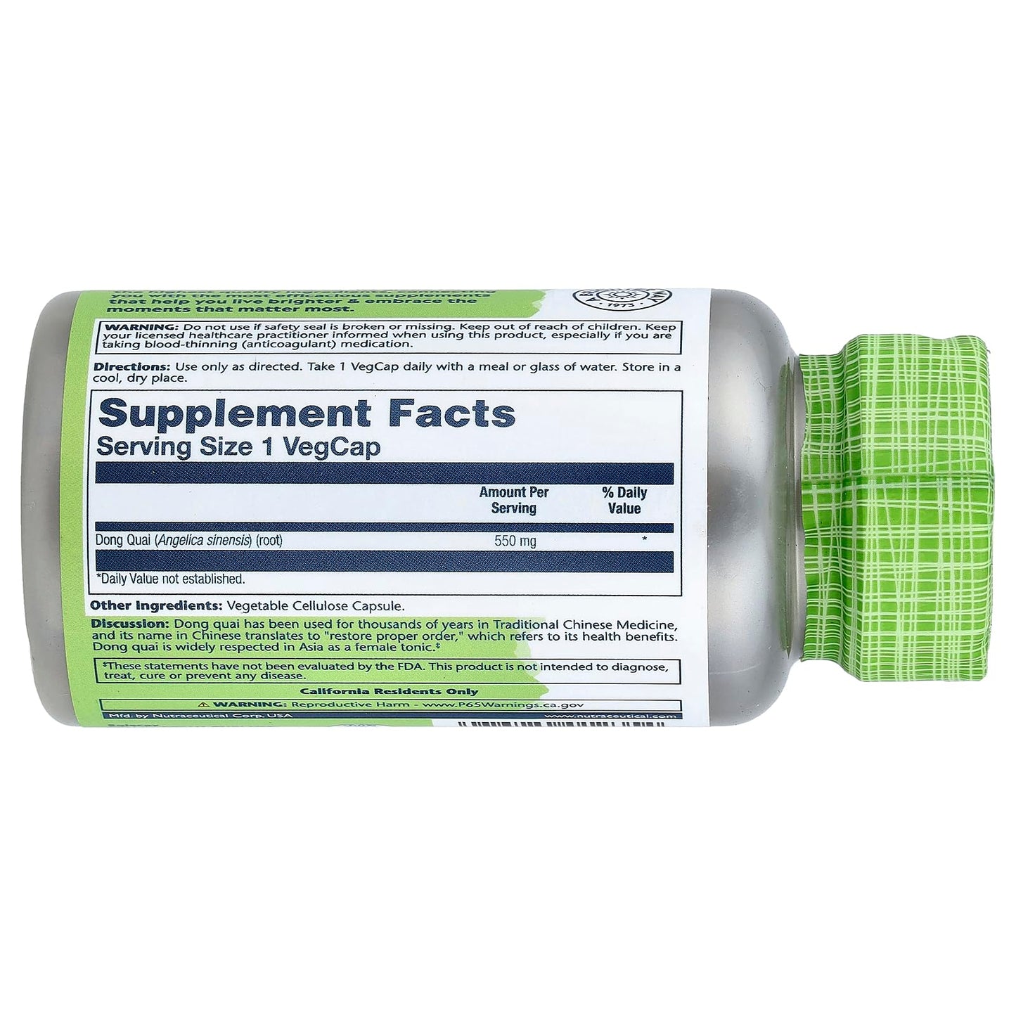 Solaray Dong Quai 180 Vegan Capsules supplement facts panel details