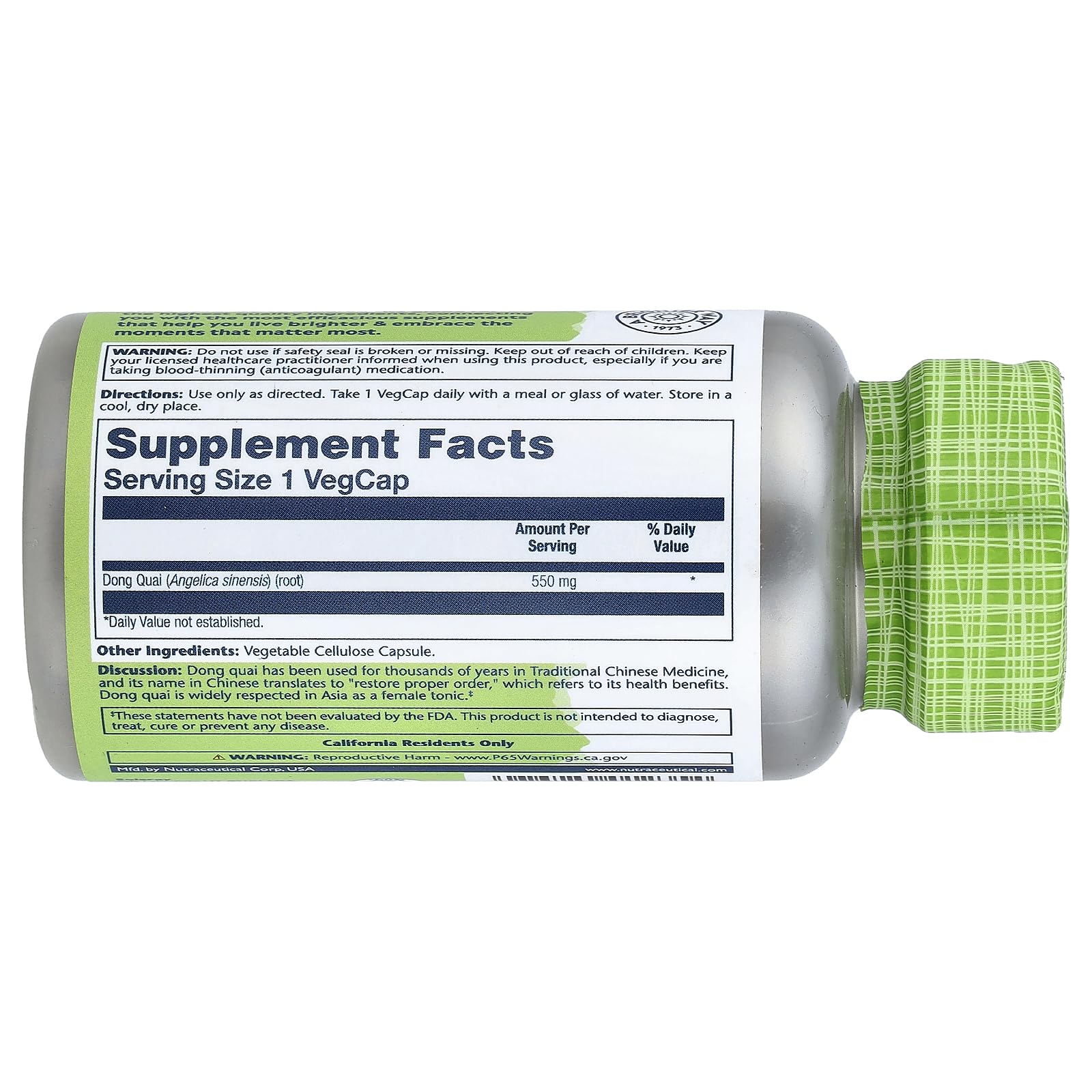 Solaray Dong Quai 180 Vegan Capsules supplement facts panel details