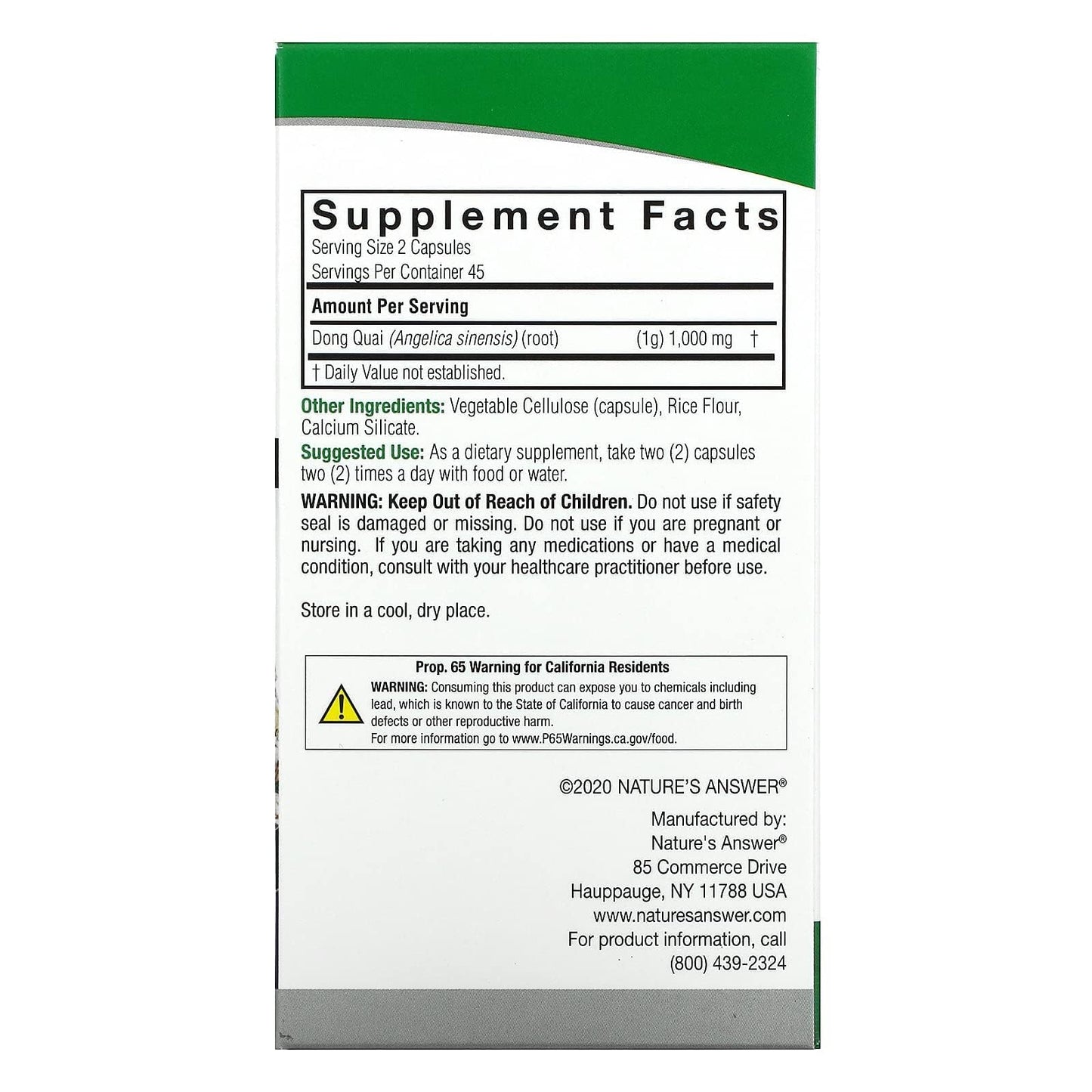 Nature's Answer Dong Quai Root imported USA health supplement packaging showing ingredients and cold extraction label