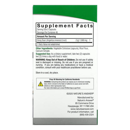 Nature's Answer Dong Quai Root imported USA health supplement packaging showing ingredients and cold extraction label