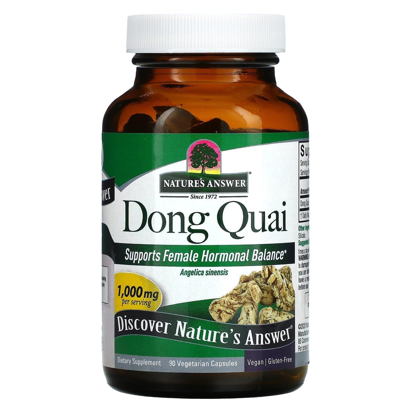 Side view of Nature's Answer female wellness supplement bottle showing non-GMO and vegan certifications