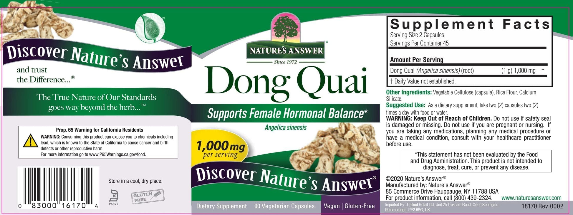 Back label of Nature's Answer Dong Quai 1000 mg showcasing directions of use and capsule count