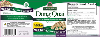 Back label of Nature's Answer Dong Quai 1000 mg showcasing directions of use and capsule count