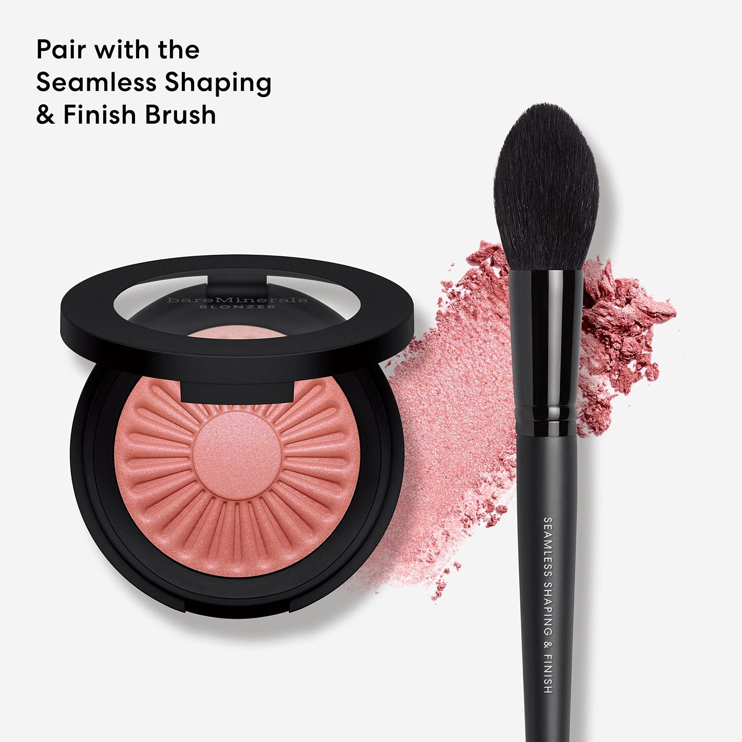 Bareminerals blush bronzer hybrid makeup powder swatch presentation on clean surface texture