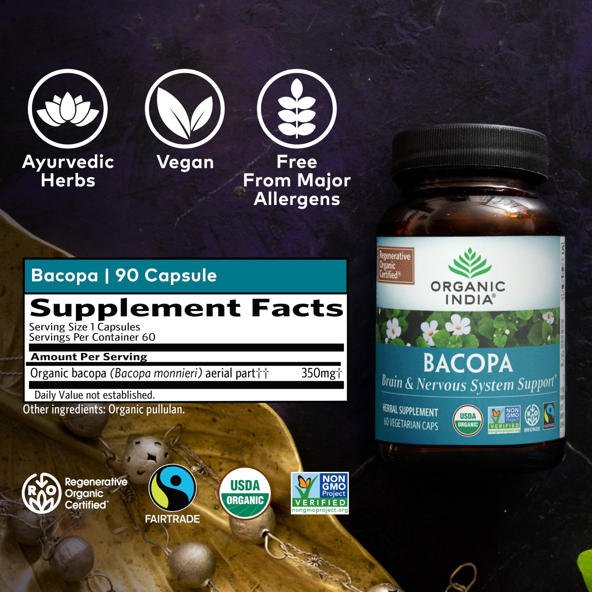 Authentic USA imported Organic India Bacopa sixty vegetarian capsules packaging