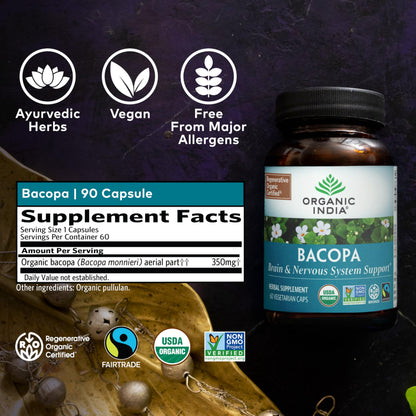 Authentic USA imported Organic India Bacopa sixty vegetarian capsules packaging