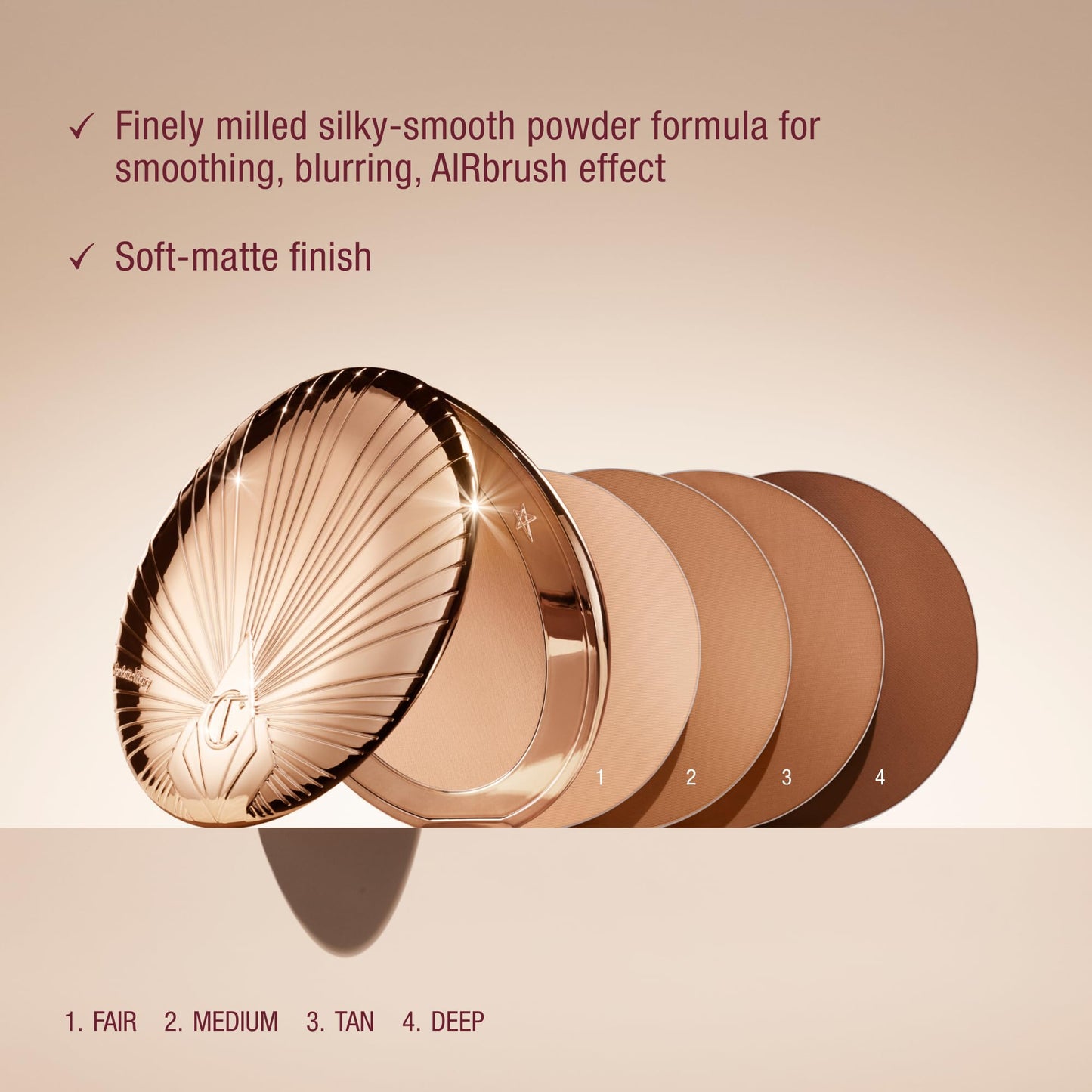 Oversized Charlotte Tilbury airbrush bronzer close up of the finely milled powder surface
