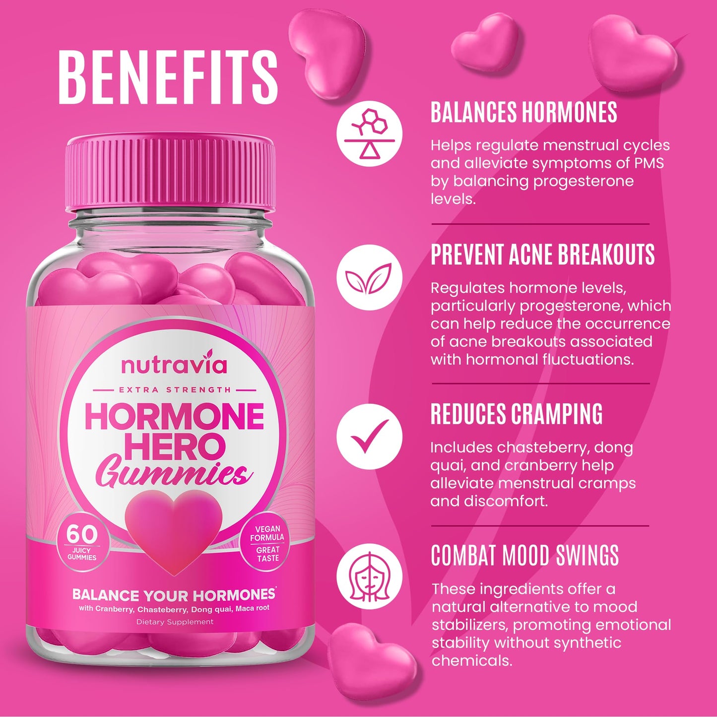 Pink Stork hormonal balance supplements showing strawberry flavored vegan gummies