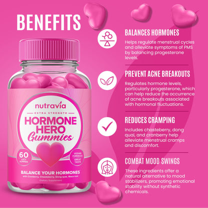 Pink Stork hormonal balance supplements showing strawberry flavored vegan gummies