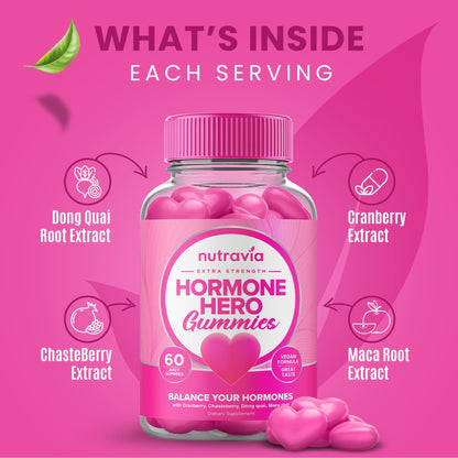 Nutravia Hormone Hero 60 count bottle highlighting chasteberry and maca root ingredients