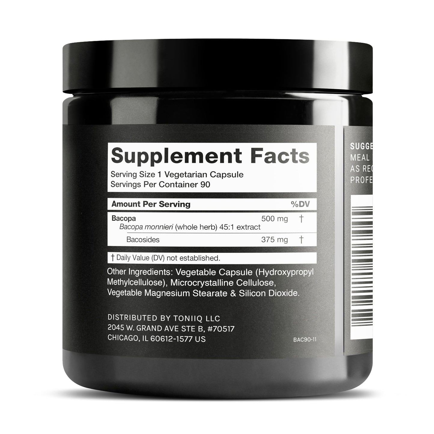 Side angle view of Toniiq Ultra High Strength Bacopa supplement displaying the 75 percent bacosides seal