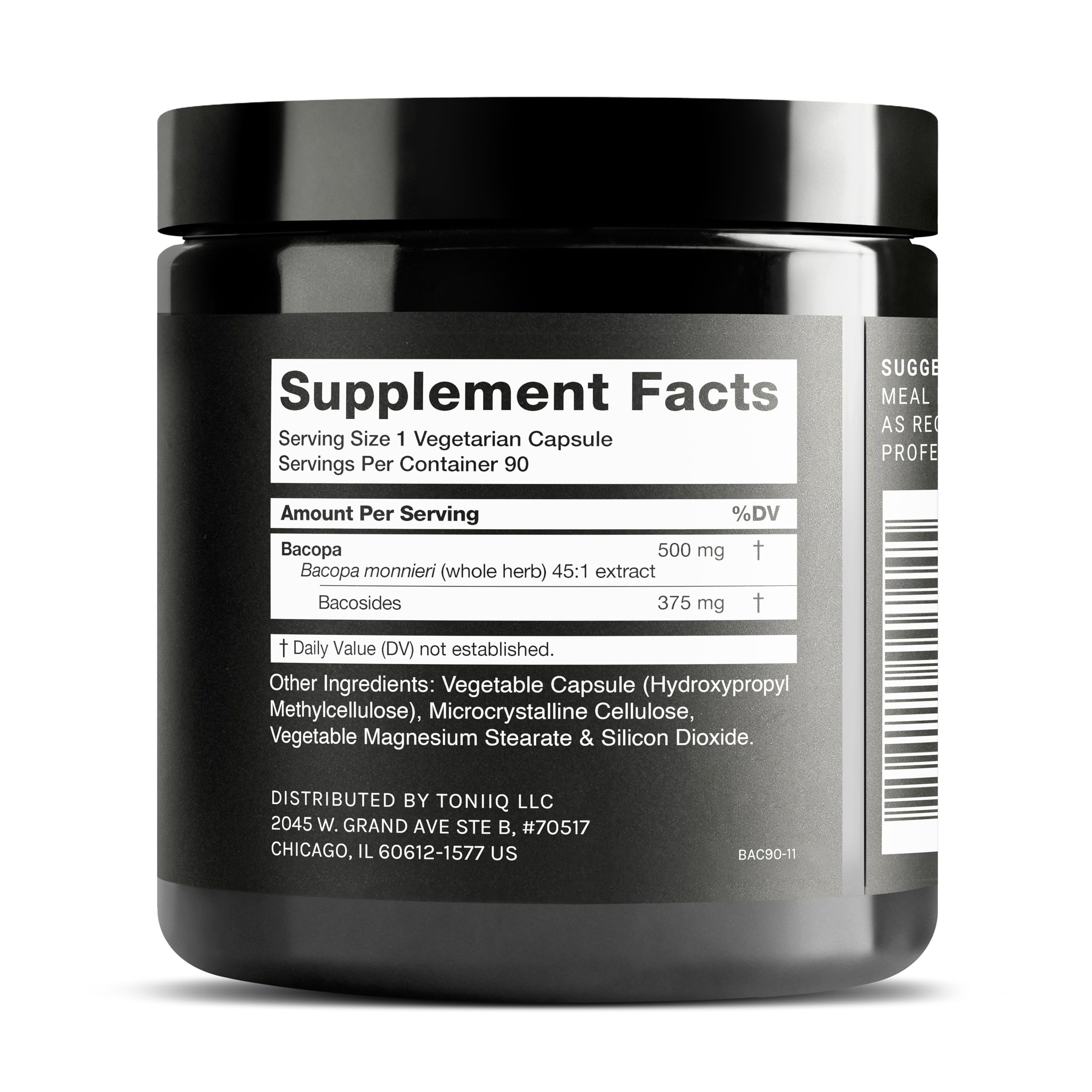 Side angle view of Toniiq Ultra High Strength Bacopa supplement displaying the 75 percent bacosides seal