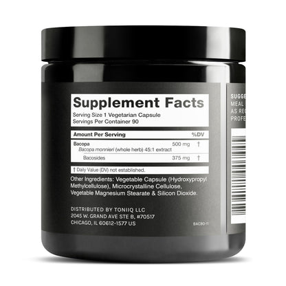 Side angle view of Toniiq Ultra High Strength Bacopa supplement displaying the 75 percent bacosides seal