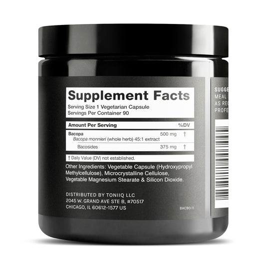 Side angle view of Toniiq Ultra High Strength Bacopa supplement displaying the 75 percent bacosides seal