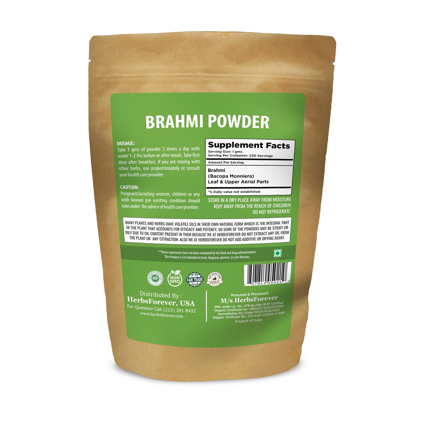 Herbsforever Brahmi Ayurvedic herbal powder packaging details and organic ingredients