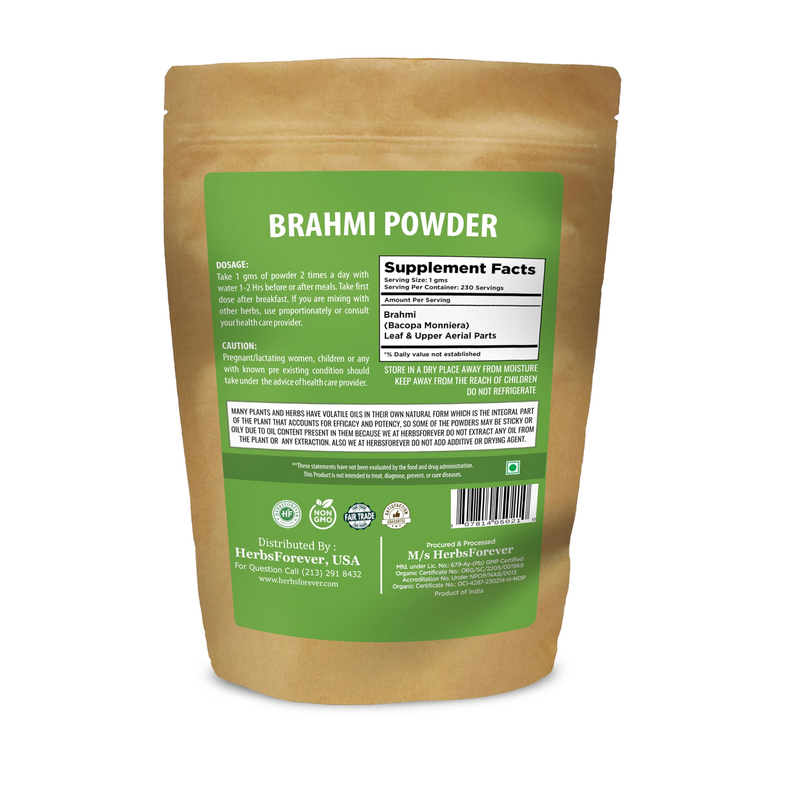 Herbsforever Brahmi Ayurvedic herbal powder packaging details and organic ingredients