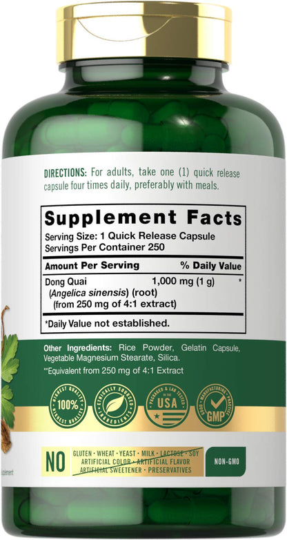 Carlyle Dong Quai supplement label showing ingredient facts including four to one root extract breakdown