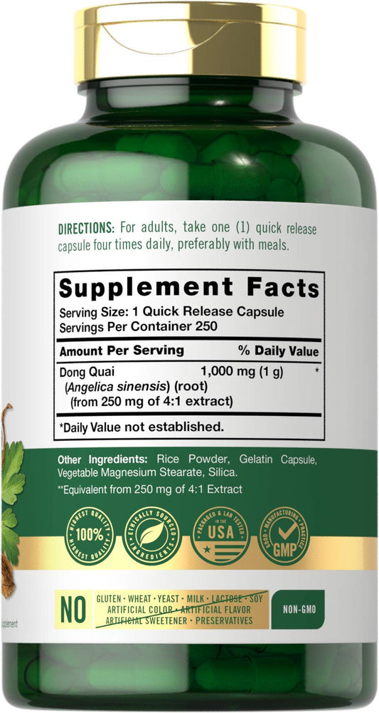 Carlyle Dong Quai supplement label showing ingredient facts including four to one root extract breakdown